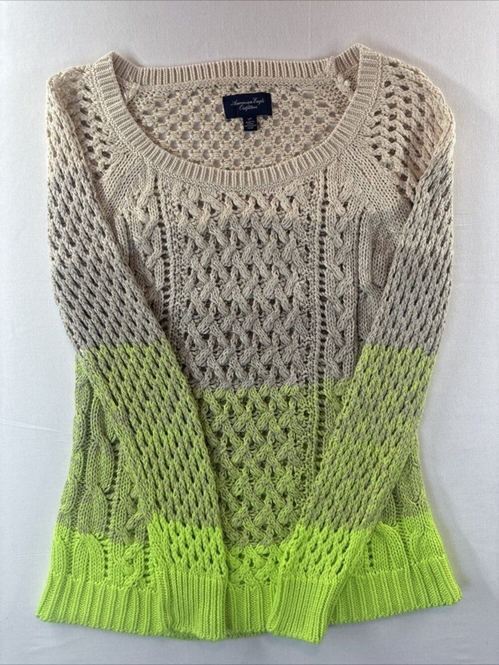 AEO Ombre Open Cable Knit Long Sleeve Neon Green Round Neck Sweater Women's Sz S